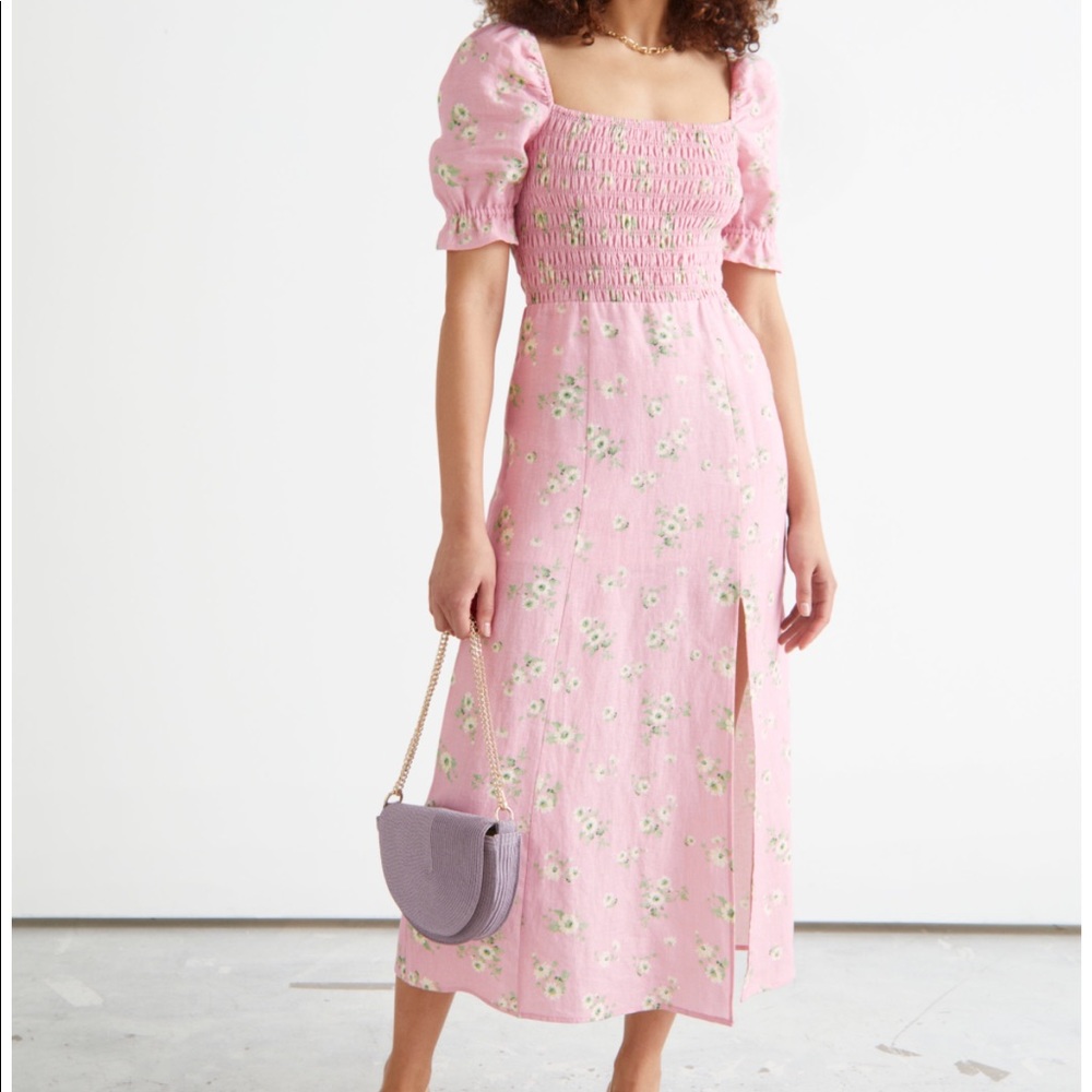 Printed Puff Sleeve Linen Midi Dress